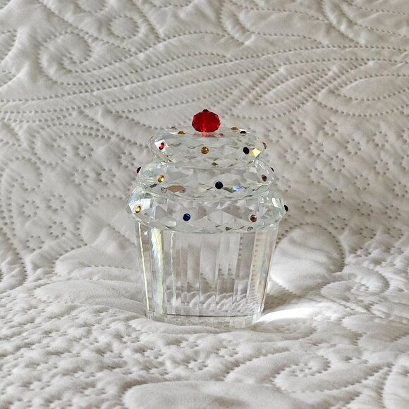 Crystal Cupcake Figurine With Red Gem Cherry & Multicolor Accents - Picture 1 of 5